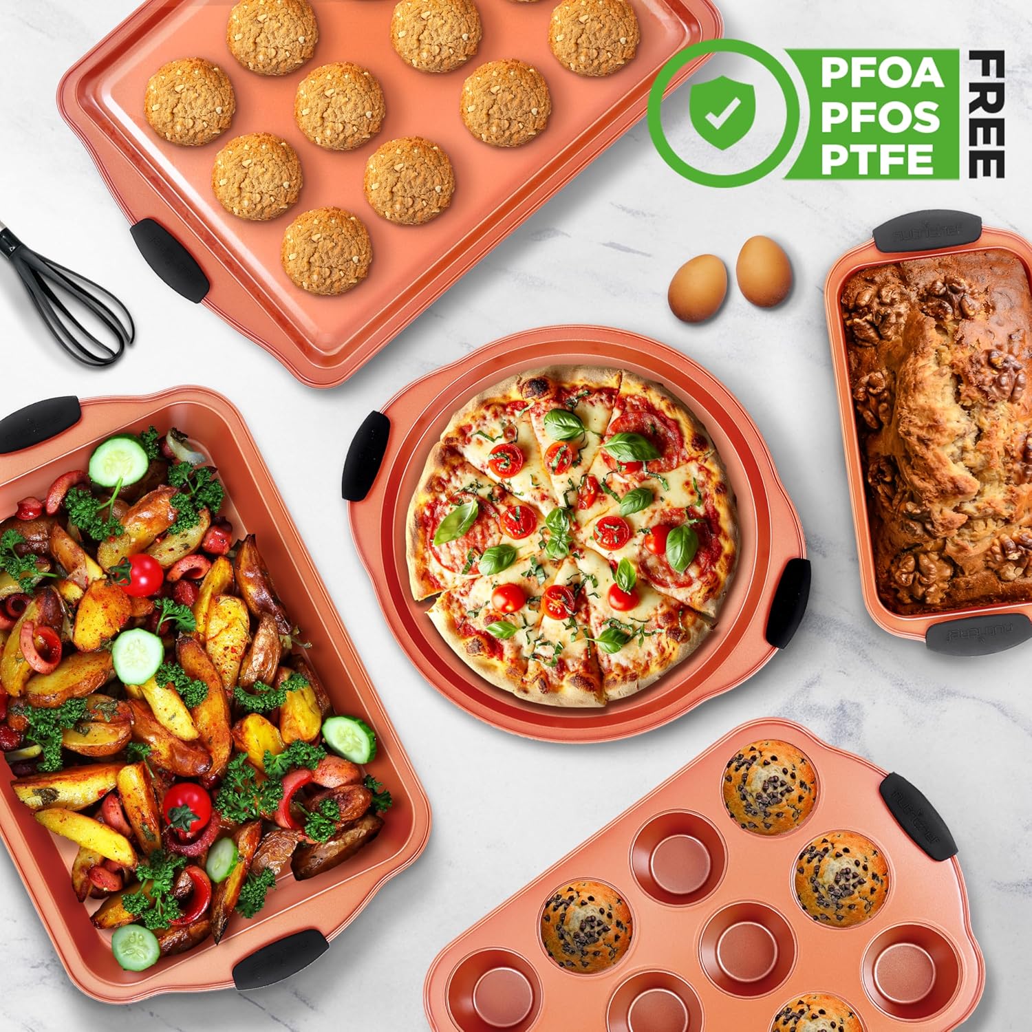 10-Piece Non-Stick Baking Pans Set Premium Nonstick Carbon Steel Oven Bakeware Includes Cookie Sheets, Muffin Cake Pans, Pizza Crisper, Roasting Pans, w/Silicone Handles Copper