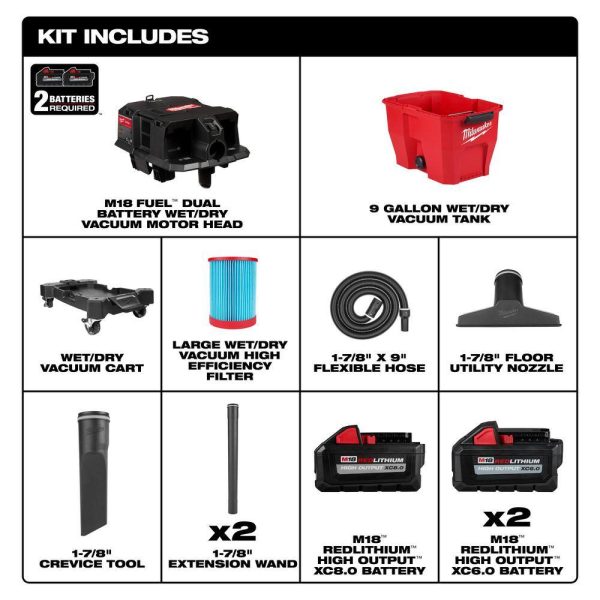 0920-20-48-11-1880-48-11-1862 M18 FUEL 9 Gal. Cordless DUAL-BATTERY Wet/Dry Shop Vacuum w/XC 8.0 Ah Battery High Output 6.0Ah Batteries (2-Pack)