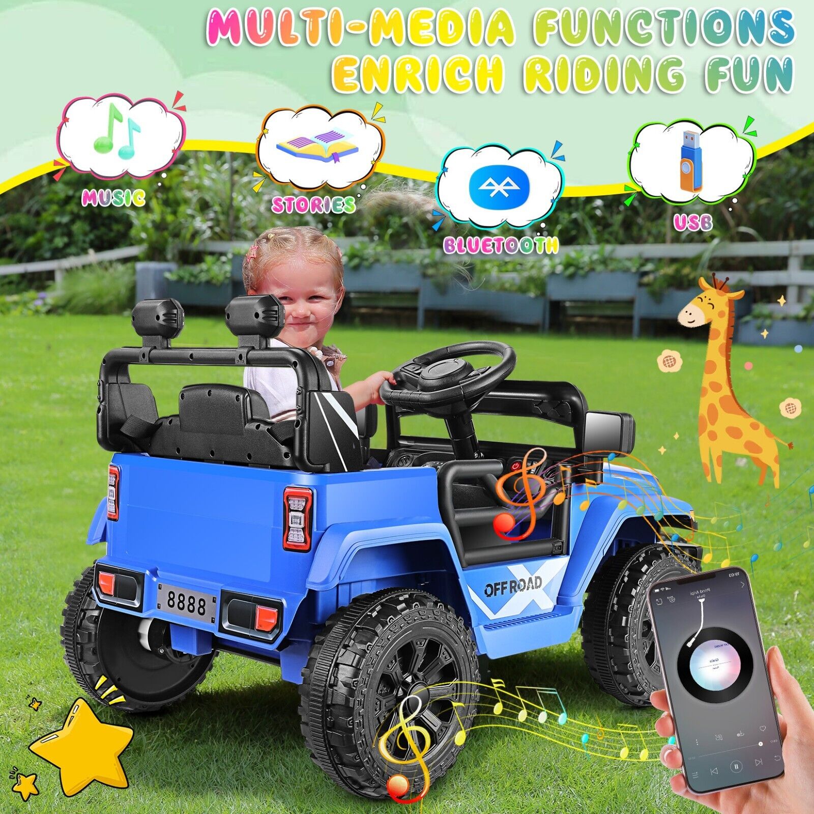 Blue 12V Kids Car Power Wheels Ride-on Truck Vehicle w/Remote Control LED Light#
