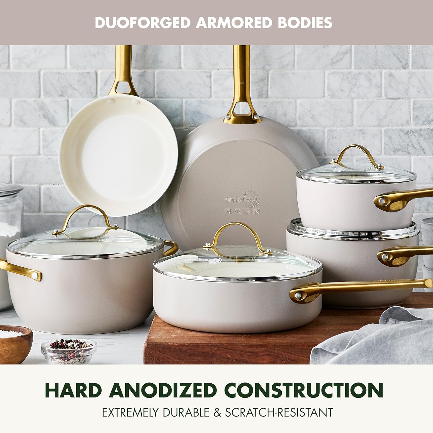 Reserve Hard Anodized Healthy Ceramic Nonstick 10 Piece Cookware Pots and Pans Set, Gold Handle, PFAS-Free, Dishwasher Safe, Oven Safe, Black