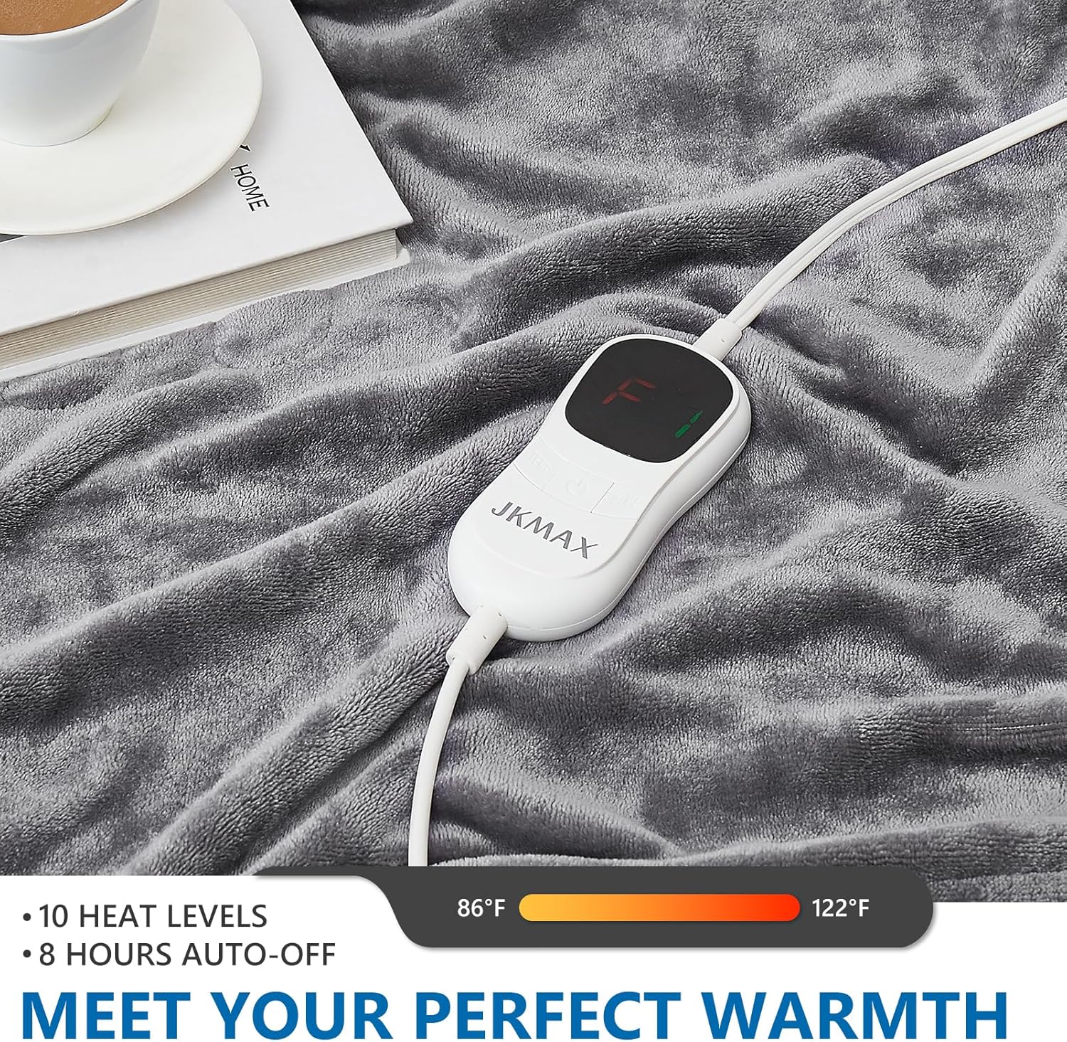 JKMAX Elektrisch beheizte Heizdecke, beheizte Bettdecke, 10 Heizstufen, 8 Stunden, automatische Abschaltung, schnelle Heizung, ETL-zertifizierte Heizdecke mit ultraweichem Überhitzungsschutz, volle