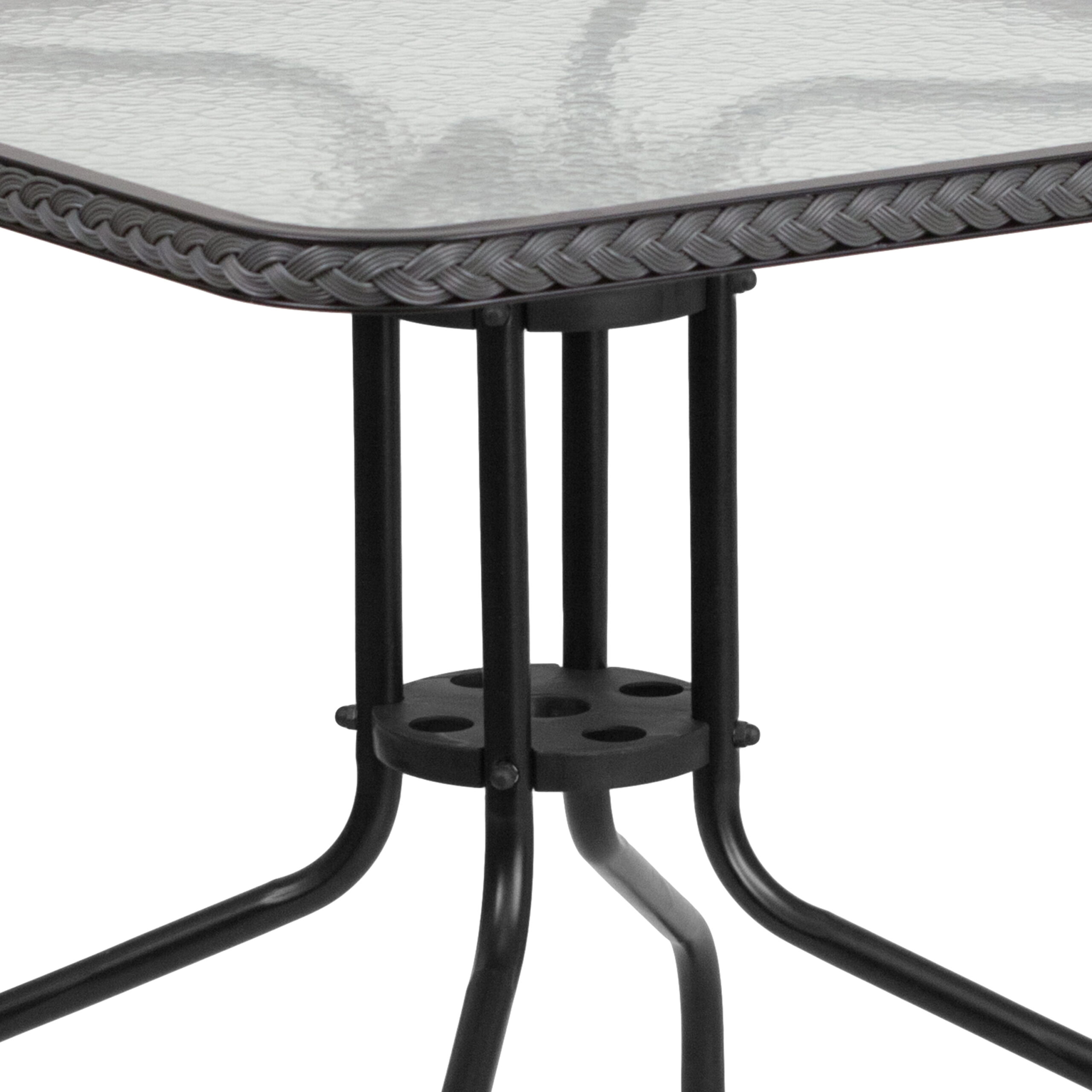28  Square Glass Metal Table with Gray Rattan Edging and 2 Gray Rattan Stack Chairs