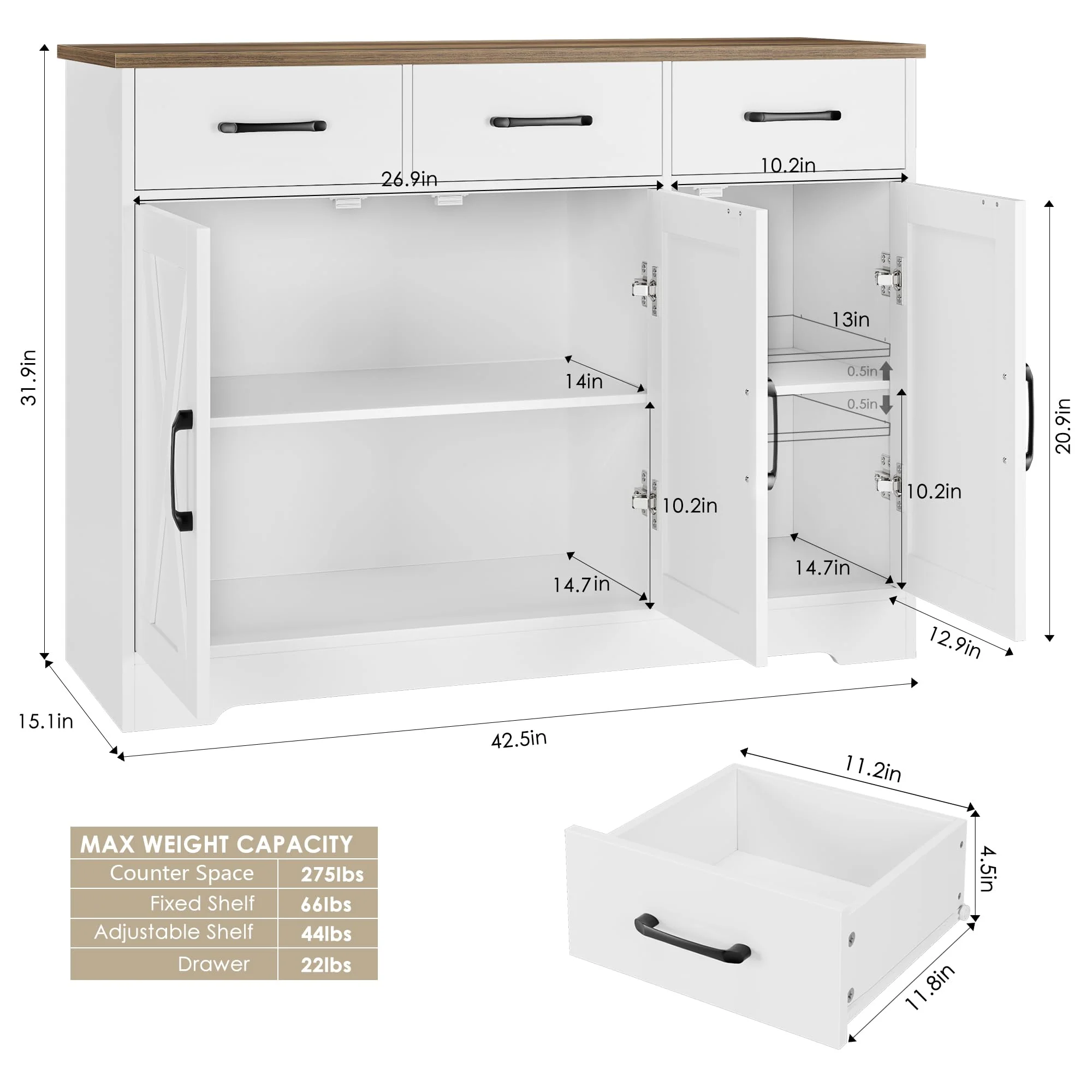 HOSTACK Modern Farmhouse Sideboard Buffet Cabinet