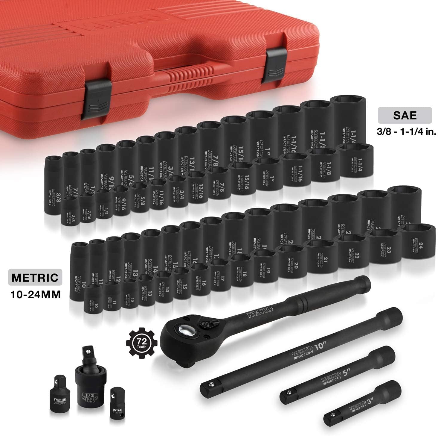 Chrome Vanadium Impact Socket Set 1/2′′ Drive, 65-Piece, SAE & Metric, Deep & Shallow, Includes Adapters & Ratchet Handle