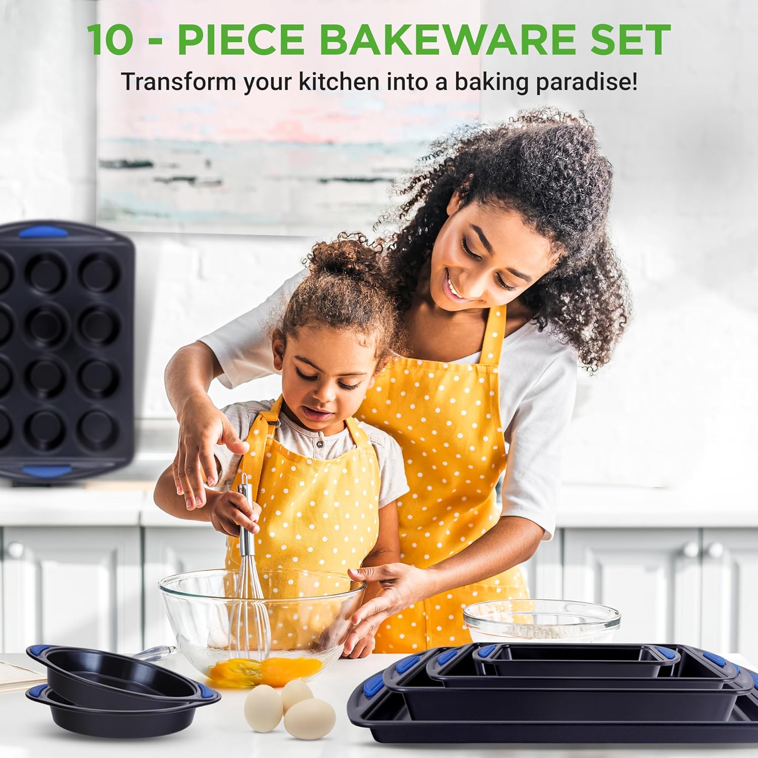 10-Piece Nonstick Bakeware Set Heavy Duty Carbon Steel Baking Trays w/Silicone Handles Includes Cookie Sheets, 12-Cup Muffin Pan, Pizza Loaf Pan, Round Square Pans Easy to Clean