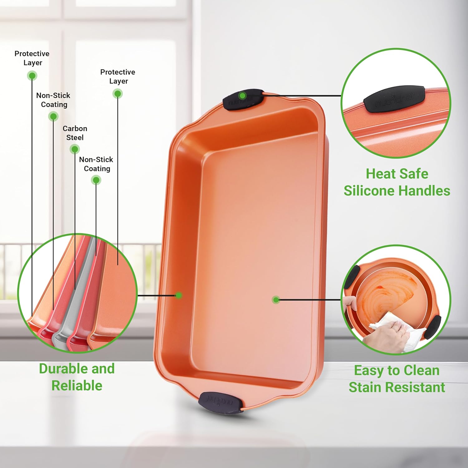 10-Piece Non-Stick Baking Pans Set Premium Nonstick Carbon Steel Oven Bakeware Includes Cookie Sheets, Muffin Cake Pans, Pizza Crisper, Roasting Pans, w/Silicone Handles Copper