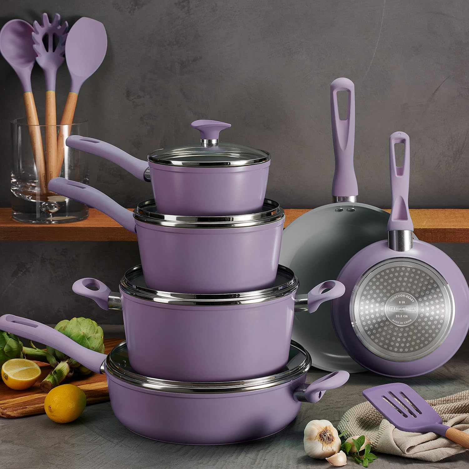 14-Piece Ceramic Cookware Set Purple Nonstick, Induction-Ready, Oven Safe, Dishwasher Safe, Includes Fry Pans, Sauté Pan, Sauce Pans, Dutch Oven, and Wooden Utensils, 80110/037DS
