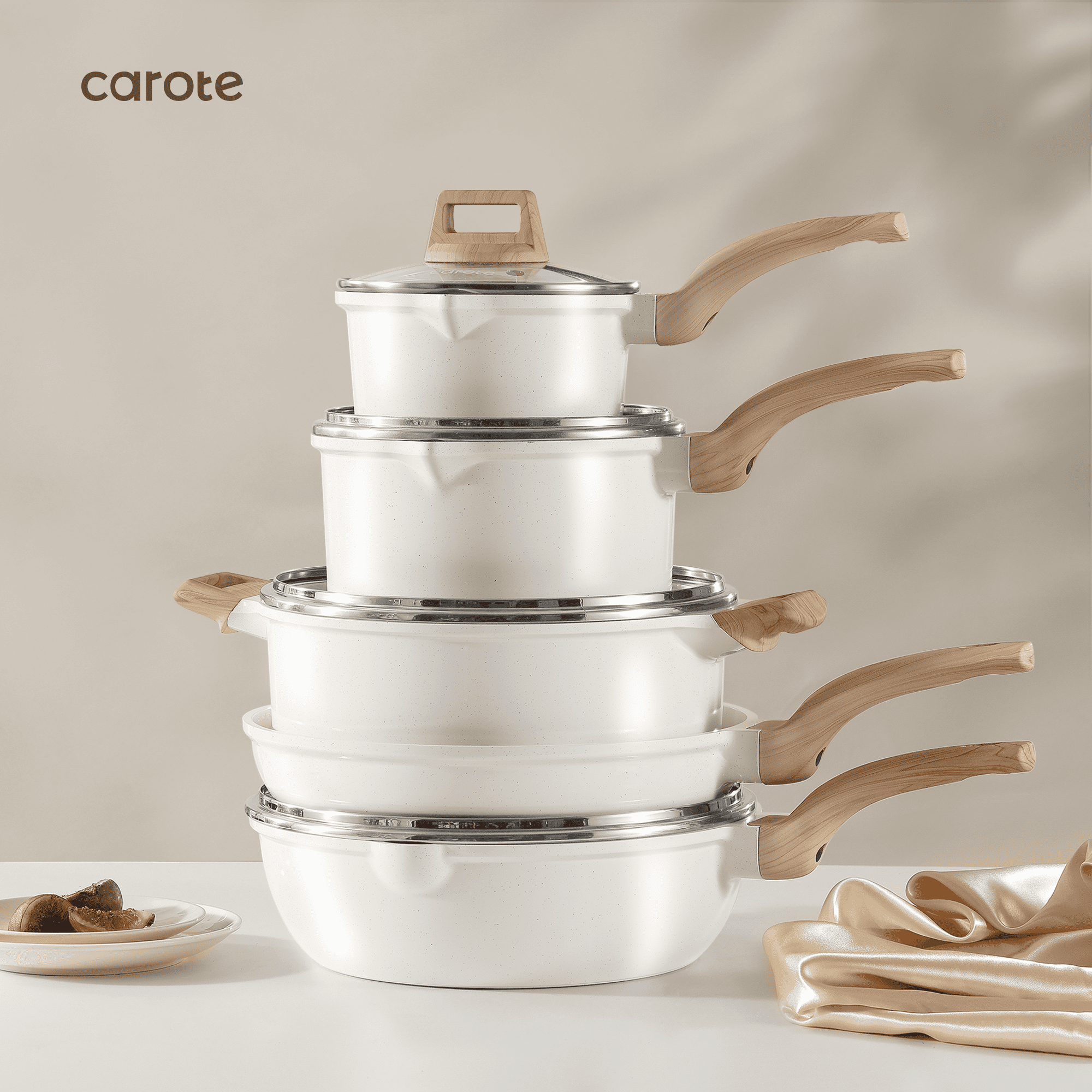 Carote Nonstick Pots and Pans Set, 8 Pcs Induction Kitchen Cookware Sets (Beige Granite)