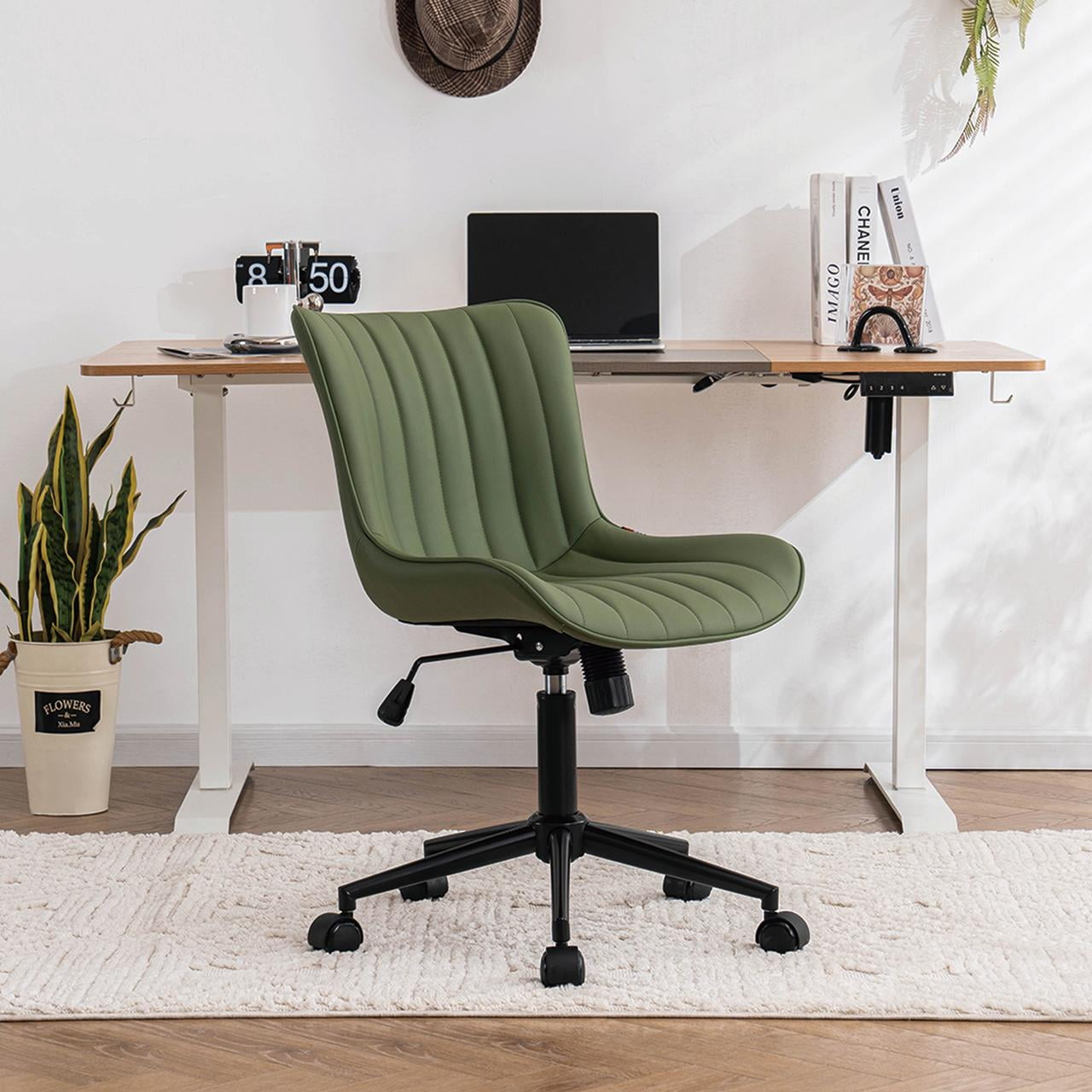 YOUNIKE Cute Armless Office Desk Chair Modern Upholstered Faux Leather Swivel Task Chair, Brown