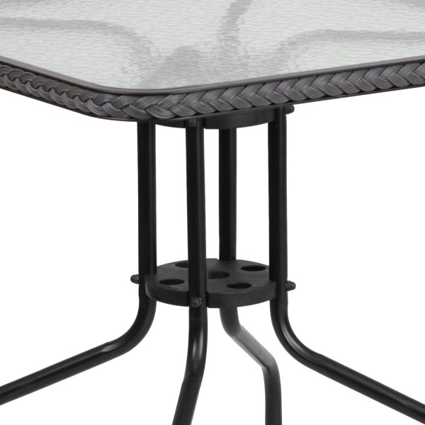 28  Square Glass Metal Table with Gray Rattan Edging and 2 Gray Rattan Stack Chairs