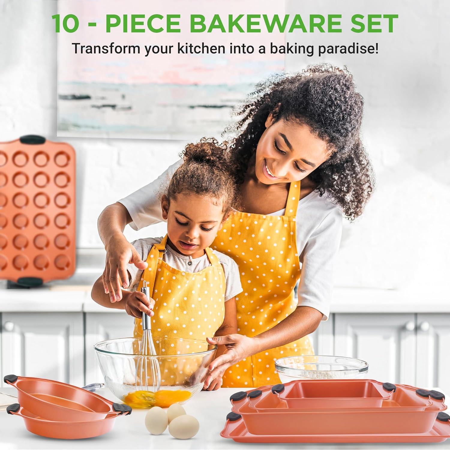 10-Piece Non-Stick Baking Pans Set Premium Nonstick Carbon Steel Oven Bakeware Includes Cookie Sheets, Muffin Cake Pans, Pizza Crisper, Roasting Pans, w/Silicone Handles Copper