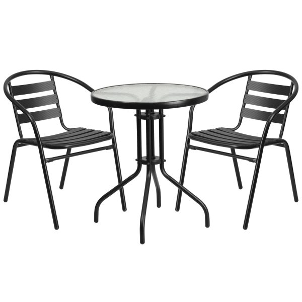 23.75 Round Glass Metal Table with 2 Black Metal Aluminum Slat Stack Chairs