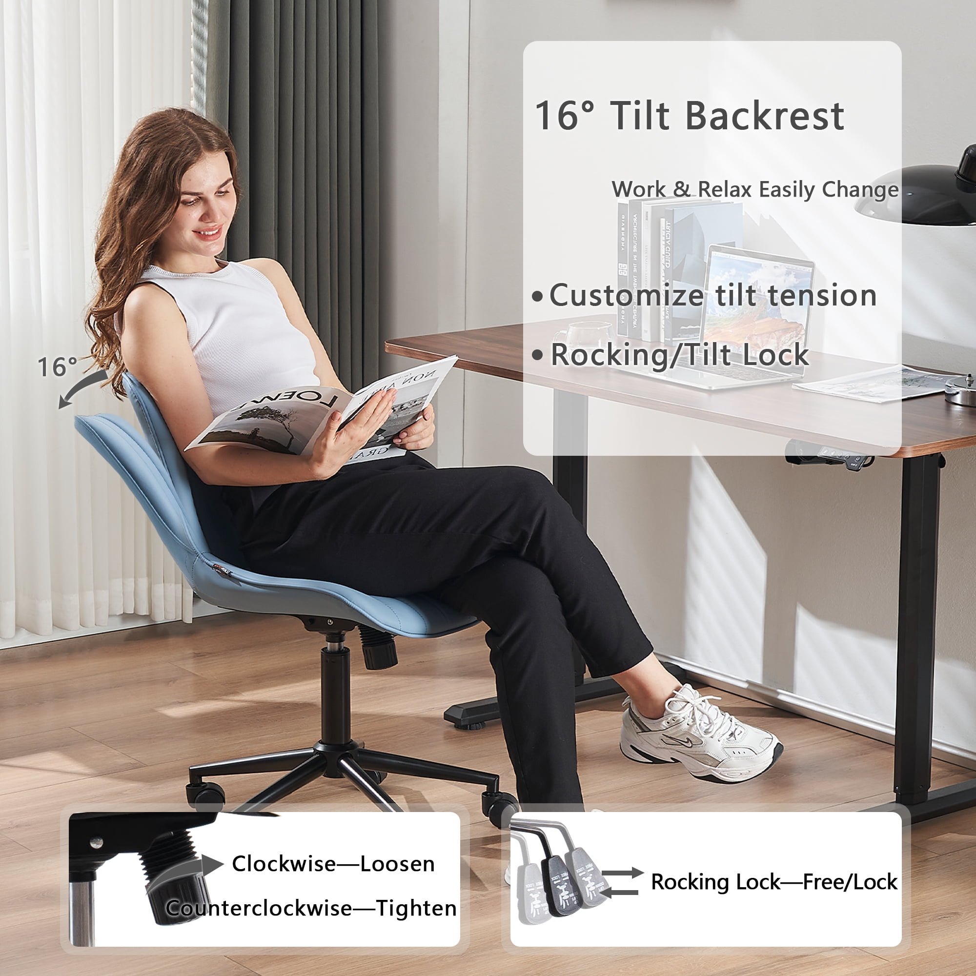 YOUNIKE Cute Armless Office Desk Chair Modern Upholstered Faux Leather Swivel Task Chair, Brown