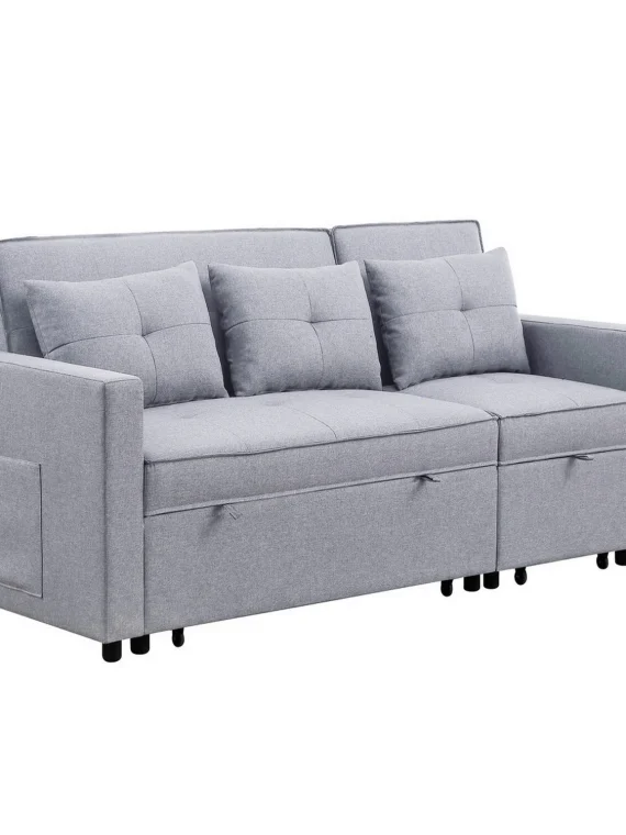 Benjara BM286632 80 in. Jayce Wood Convertible Sleeper Sofa with Side Pocket, Light Gray & Black