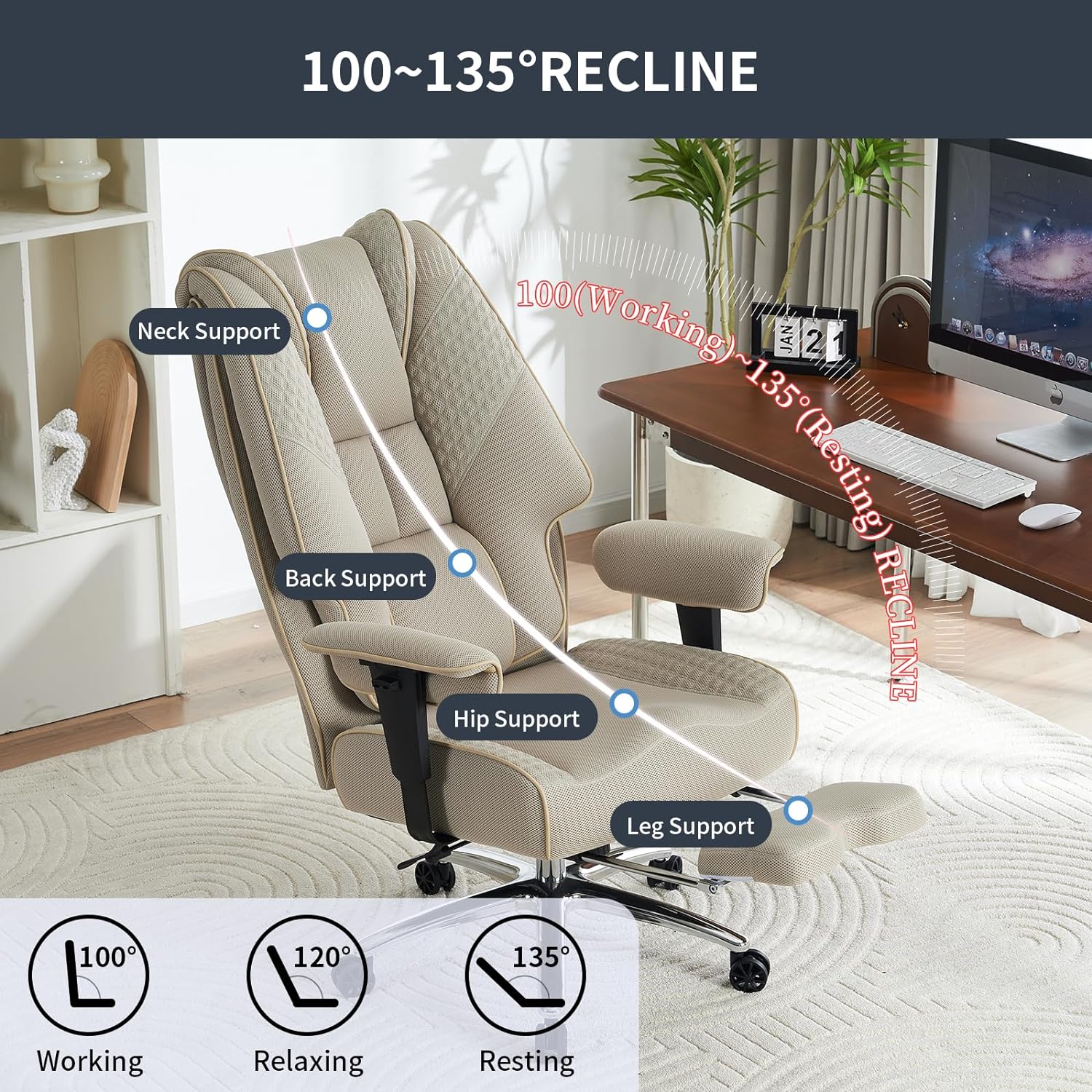 Large Tall Office Chair 400 lbs Wide Seat, Leather High Back Executive Office Chair with Footrest, Ergonomic Office Chair Lumbar Support to Relieve Lower Back Pain (Beige)