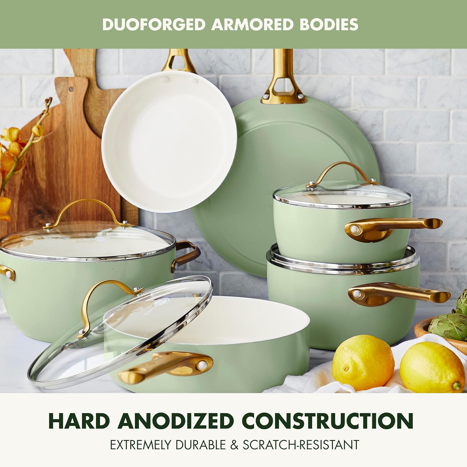 Reserve Hard Anodized Healthy Ceramic Nonstick 10 Piece Cookware Pots and Pans Set, Gold Handle, PFAS-Free, Dishwasher Safe, Oven Safe, Black