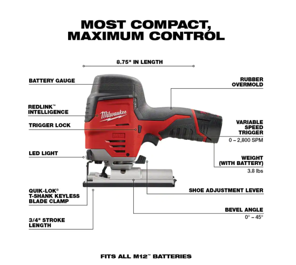 2445-20-2447-20-48-11-2412 M12 12V Lithium-Ion Cordless Jig Saw and Crown Stapler with two 3.0 Ah Batteries