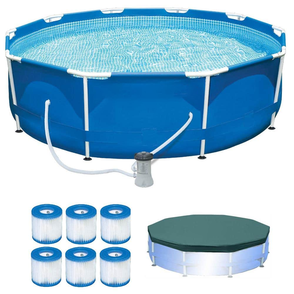 INTEX 10 ft. x 10 ft. Round 30 in. Deep Metal Frame Pool w/ Pump & Type H Filters (6 Pack) & 10' Round Pool Cover 6 x 29007E + 28201EH + 28030E