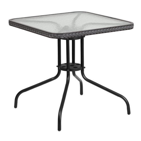 28  Square Glass Metal Table with Gray Rattan Edging and 2 Gray Rattan Stack Chairs