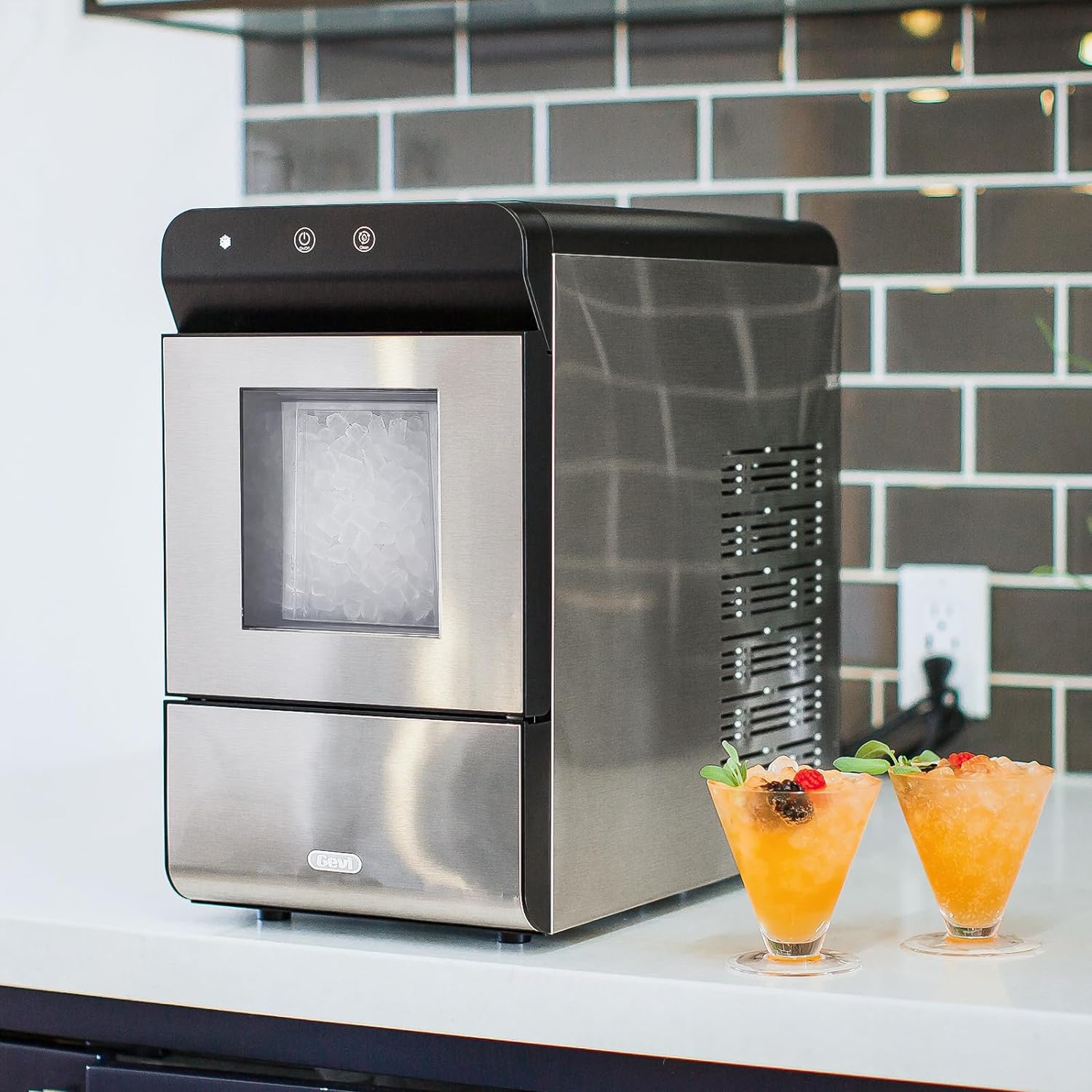 V2.0 Countertop Gemi Nugget Ice Maker | Self-Cleaning Pellet Ice Machine | Open and Pour Water Refill | Stainless Steel Housing | Fit Under Wall Cabinet | White