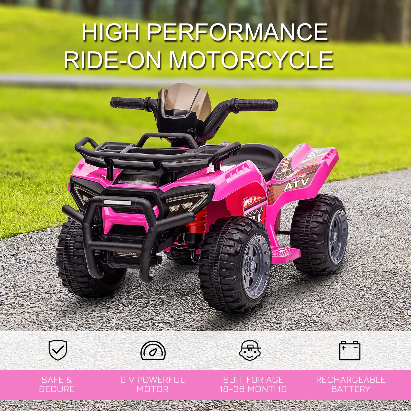 Kids 6V Battery Powered Ride On Car Quad Four Wheeler ATV Toy with Music Pink