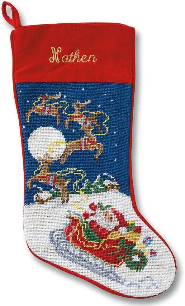 Lillian Vernon Personalized Needlepoint Reindeer Stocking - Heirloom Christmas Stocking, 100% Wool, 9.5” W x 17” L