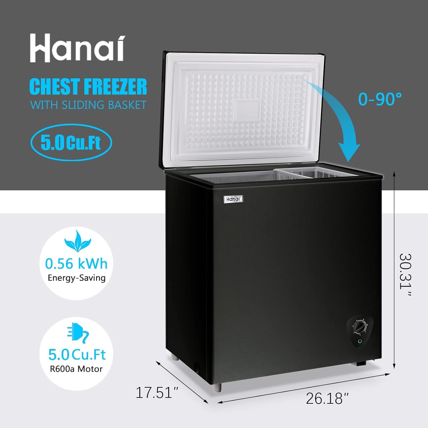 WANAI 5.0 Cubic Feet Deep Chest Freezer Compact Freezers with Adjustable Thermostat Top