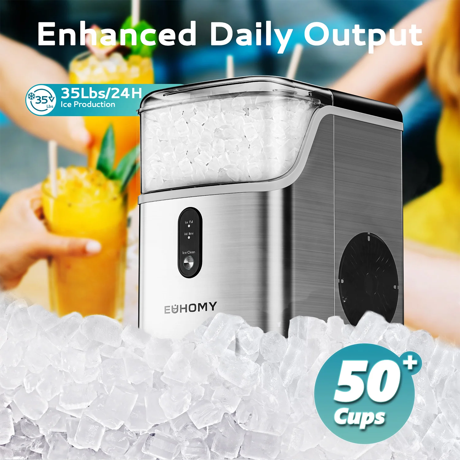 EUHOMY Pebble Ice Maker Machine with 35lbs/24H Soft Ice, Self-Cleaning Including Cleaner Descaler