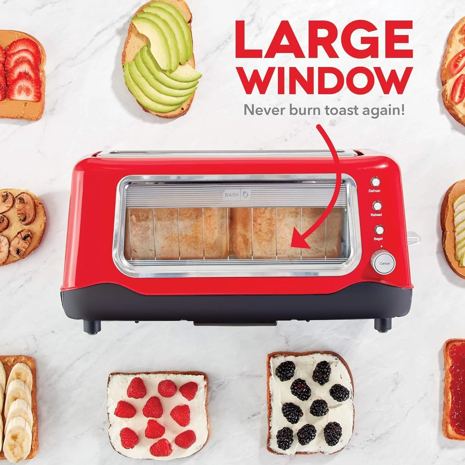 DASH Clear View Toaster - Compact Design with 7 Browning Levels & Clear-View Window, Extra-Wide Slot Large Toaster, 1-Touch Defrost, Reheat & Bagel Functions - Easy Clean Up Crumb Tray (Red)