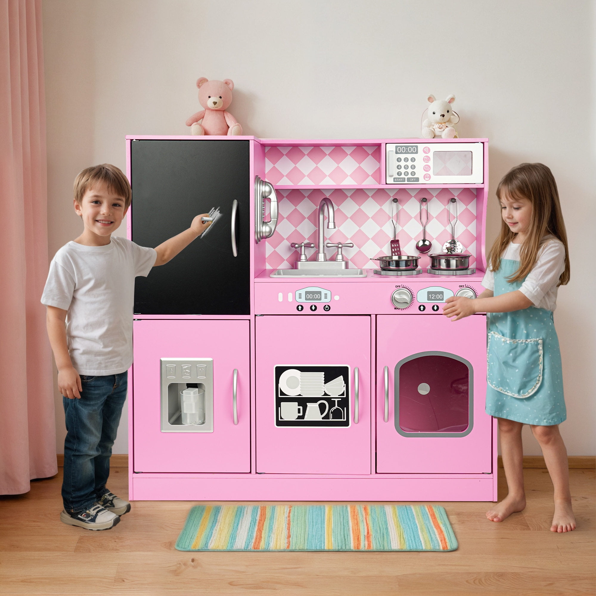 COCLUB Play Kitchen, Wooden Kids Kitchen Playset with Chalkboard, Ice Maker, Play Phone, Cookware Accessories, Microwave Toy Kitchen Gift for Boys Girls Age 3-8 Pink