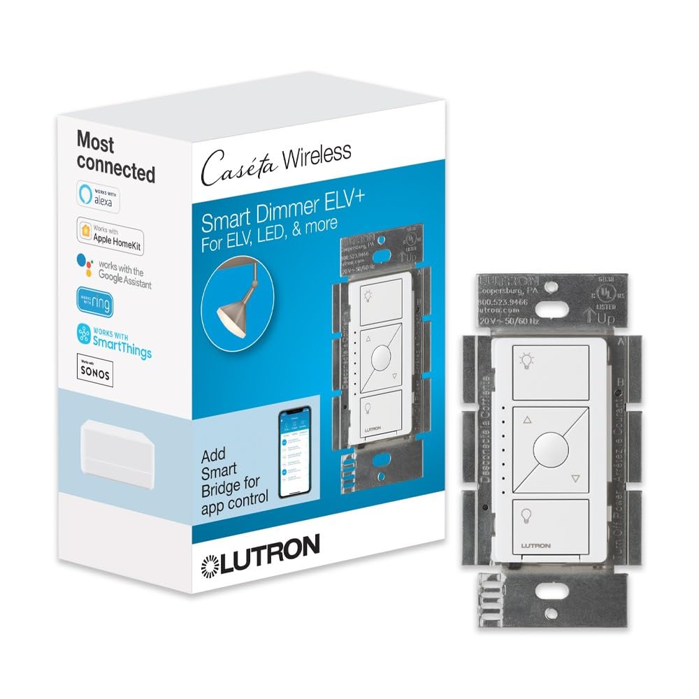 Lutron Caseta ELV+ Smart Dimmer Switch, 250W LED, Alexa Compatible, White, 2-Pack