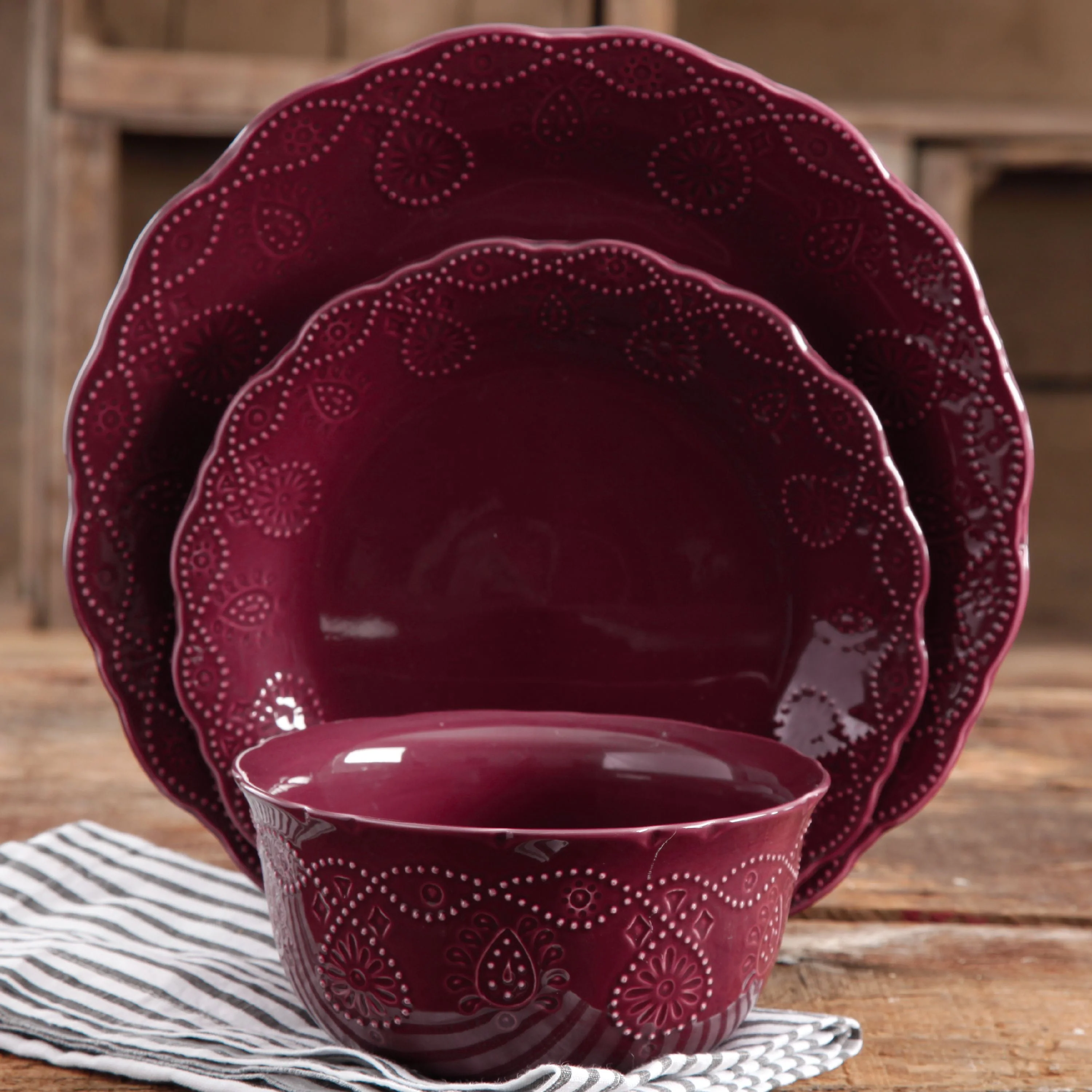 The Pioneer Woman Lace 12-Piece Dinnerware Set, Plum