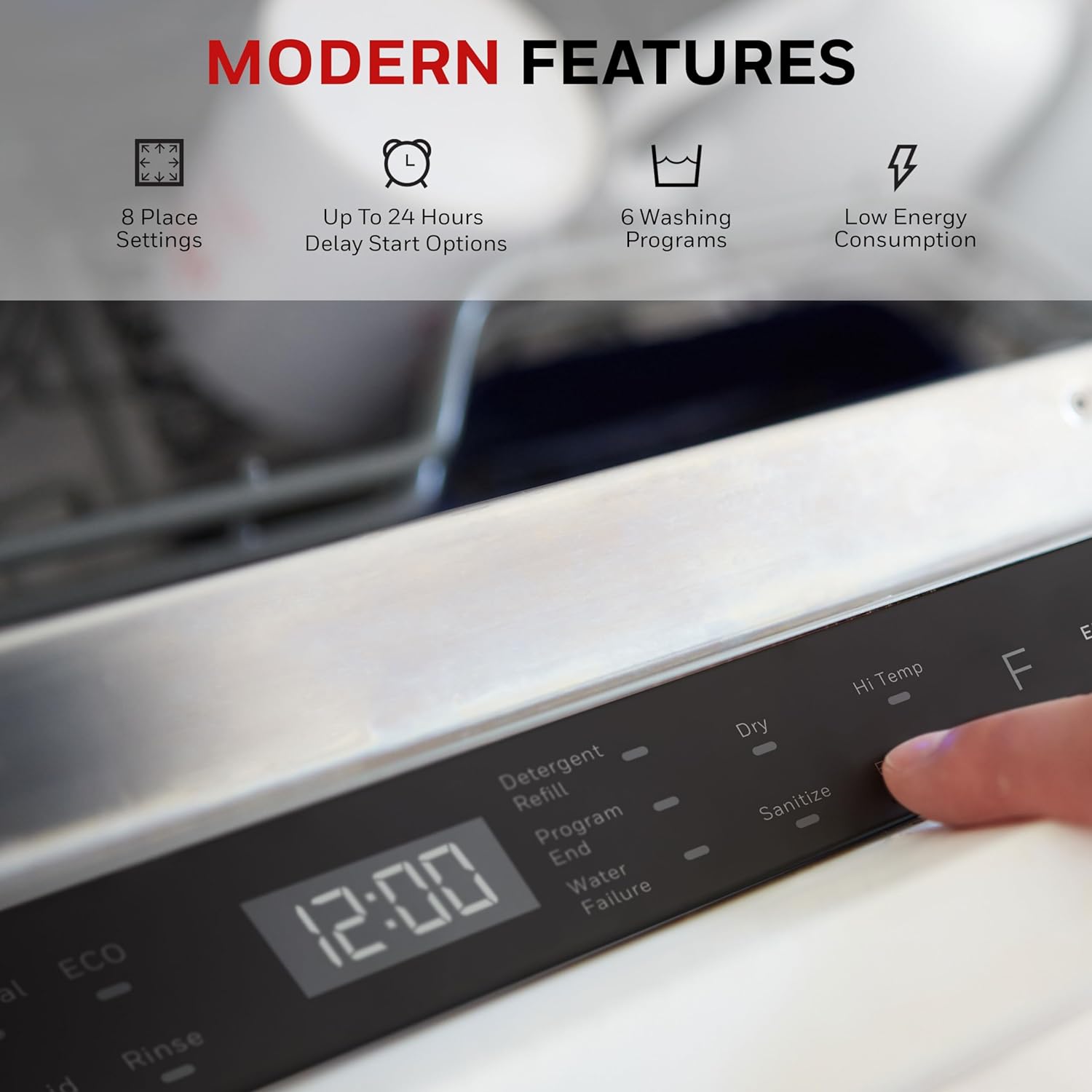 Honeywell 18 Inch Dishwasher with 8 Place settings, 6 Washing Programs, Stainless Steel Tub, UL/Energy Star- Stainless Steel