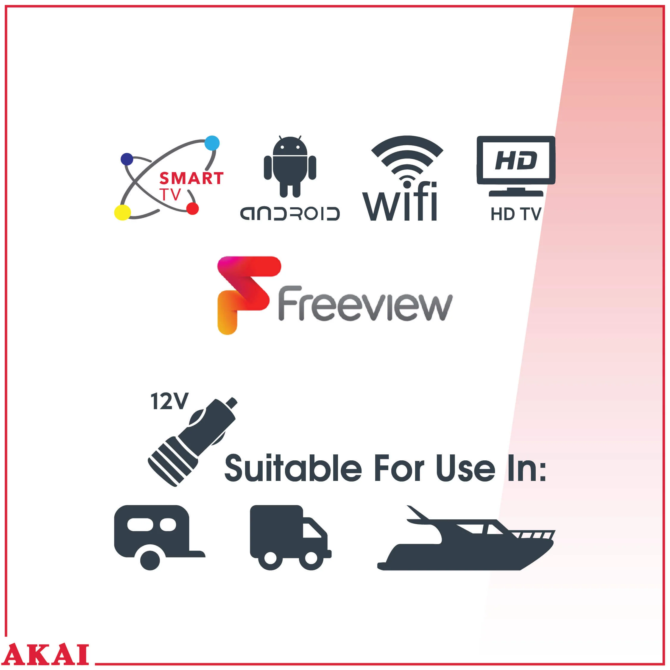 12V Akai 24Inch HD LED Smart TV