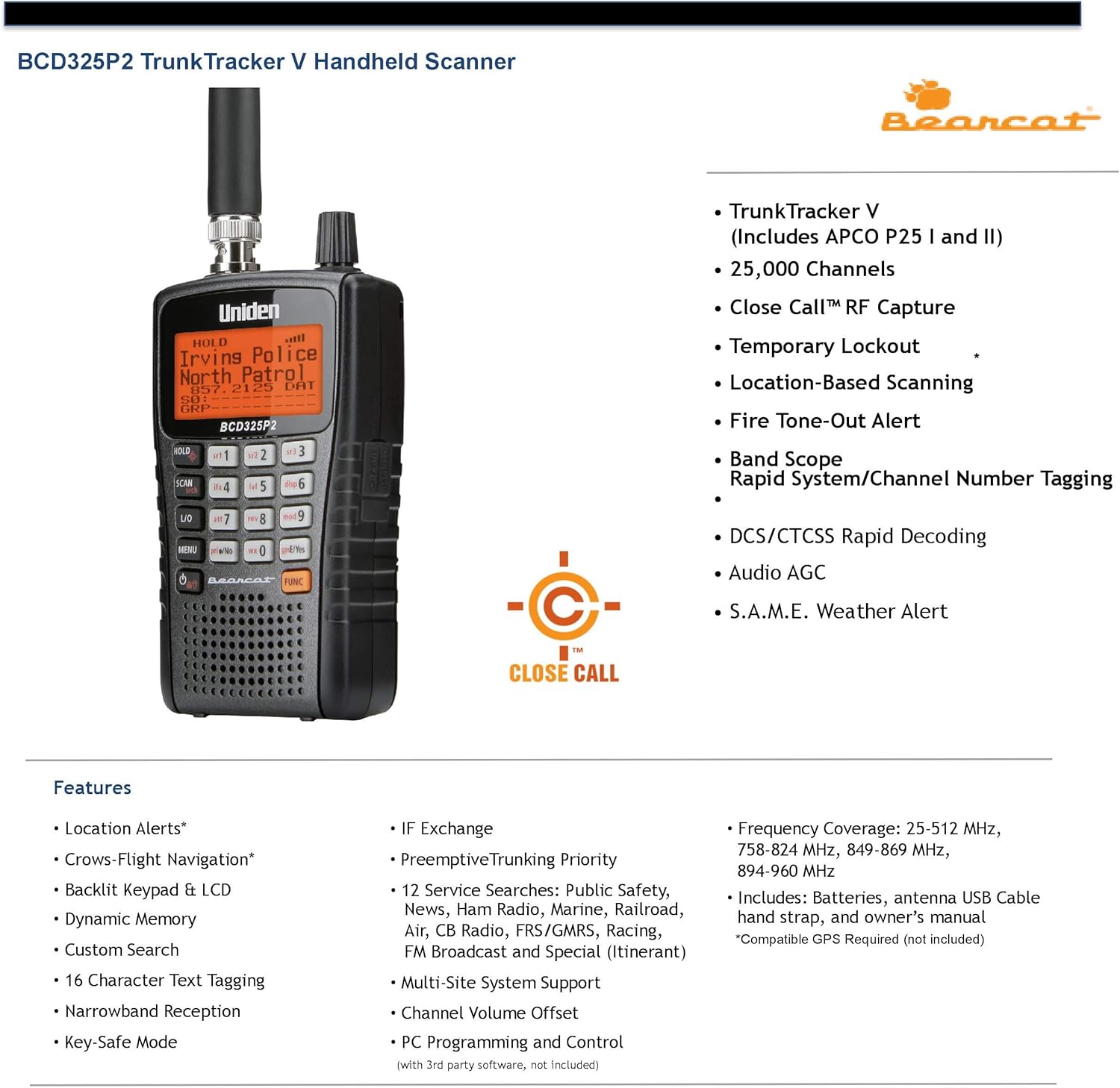 Uniden BCD325P2 Handheld Scanner, 25,000 Channels, Close Call RF, GPS, S.A.M.E. Weather Alerts, Compact Design