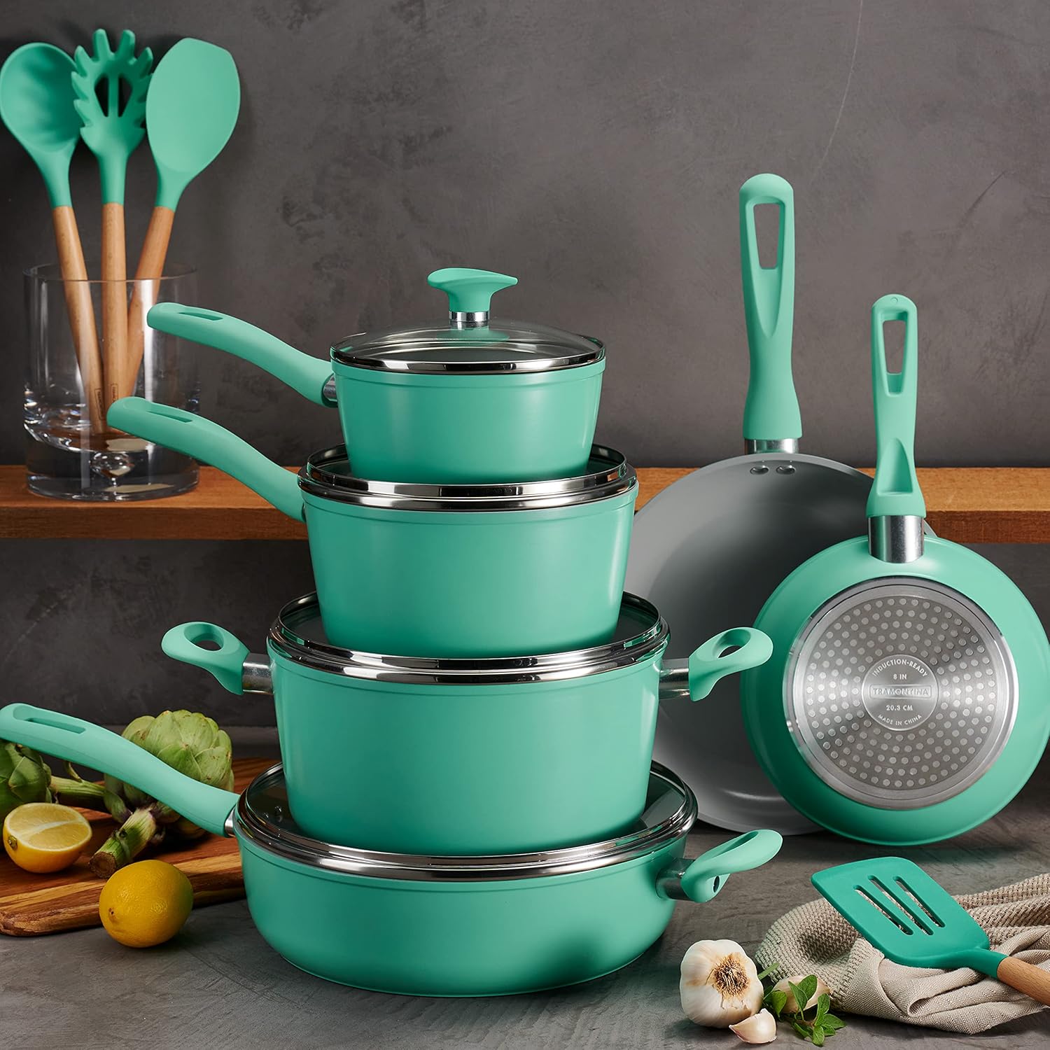 14-Piece Ceramic Cookware Set   Teal   Nonstick, Induction-Ready, Oven Safe, Dishwasher Safe, Includes Fry Pans, Sauté Pan, Sauce Pans, Dutch Oven, and Wooden Utensils, 80110/036DS