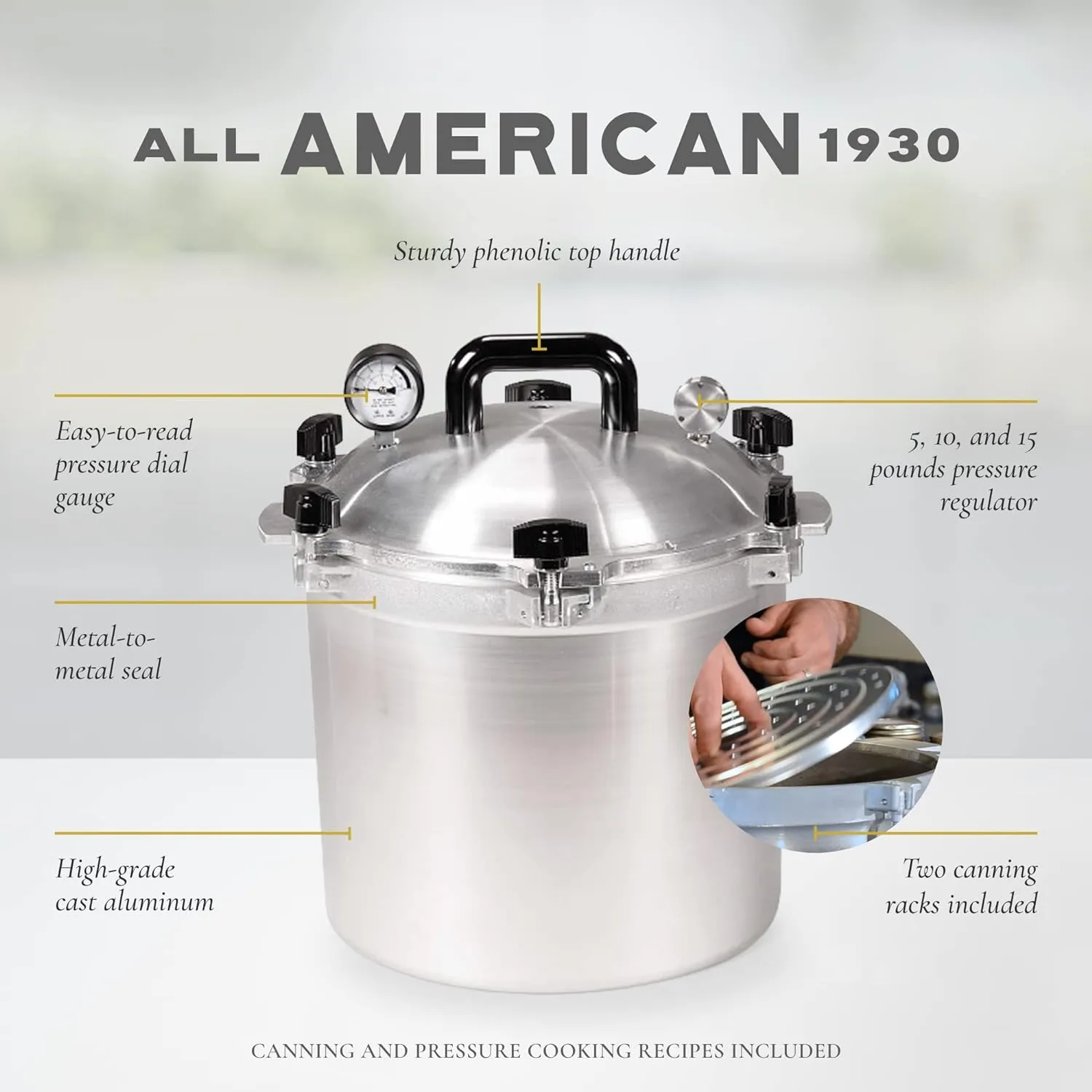All American 1930 21.5qt Pressure Cooker & Canner, Aluminum, Metal-to-Metal Seal, Gas & Electric Compatible, Made in USA