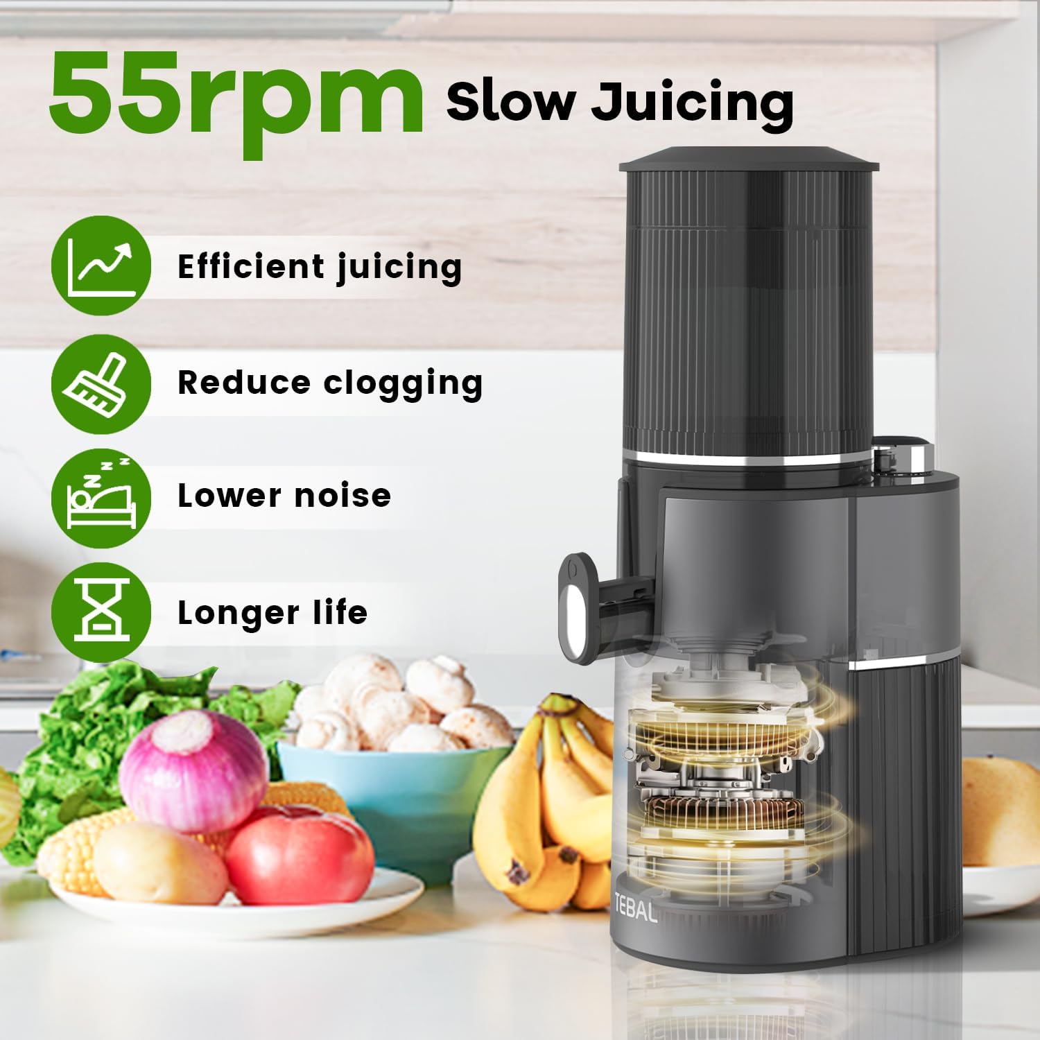 Chewable juicer, main cold juicer with 4.1 inch (104 mm) extra large rotary feed tank