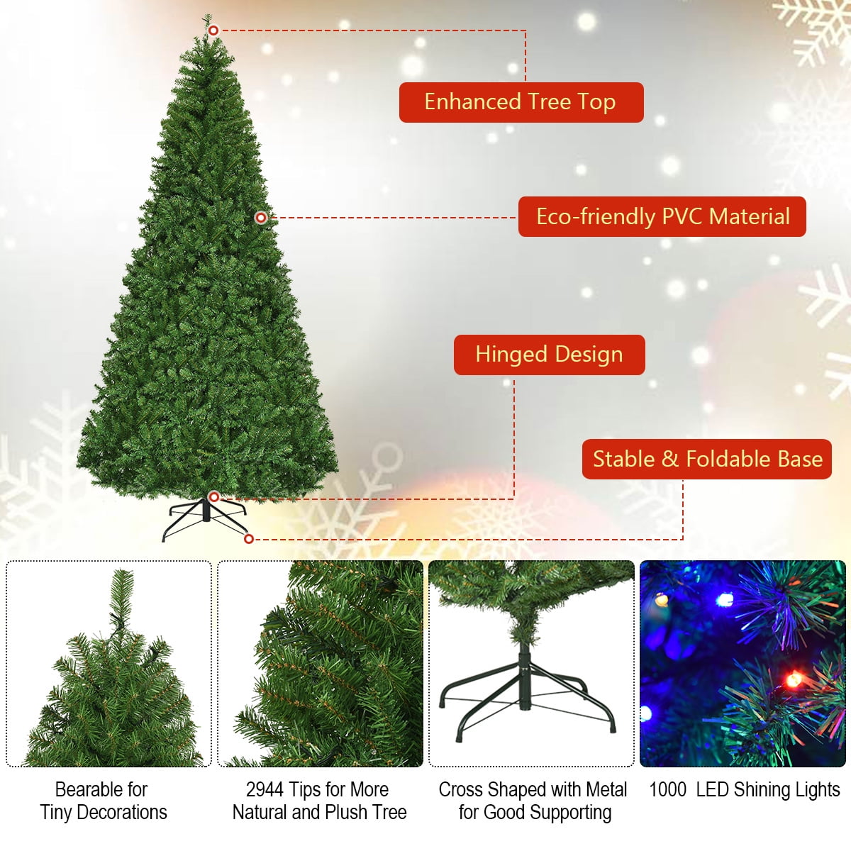 Costway 8Ft Pre-Lit Artificial Christmas Tree Hinged 750 LED Lights
