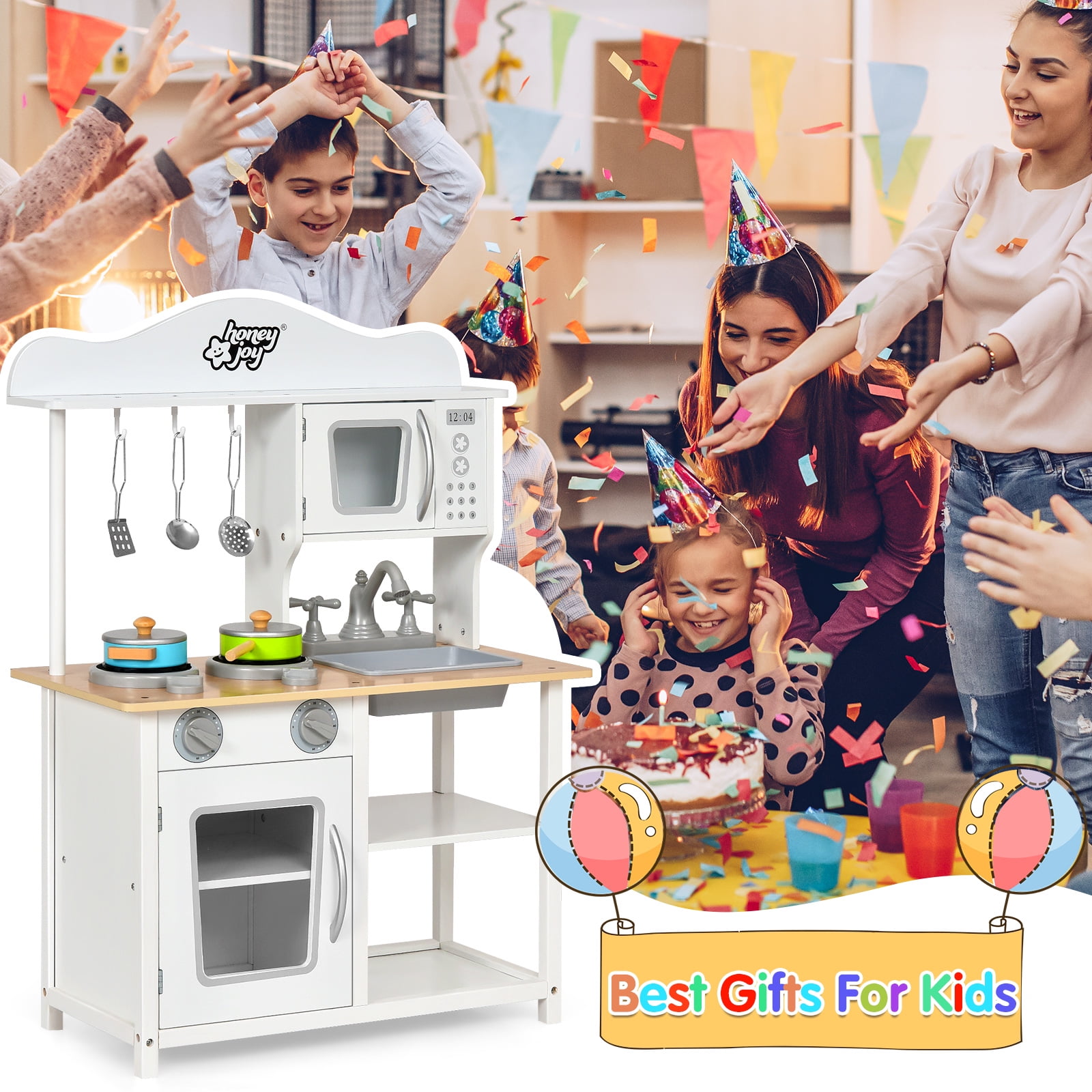 Topbuy Wooden Kids Toddlers Kitchen Playset Cooking Play Toy with Cookware Utensils Play Kitchen