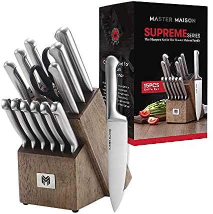 19-Piece Premium Kitchen Knife Set With Wooden Block | Master Maison German Stainless Steel Cutlery With Knife Sharpener & 8 Steak Knives