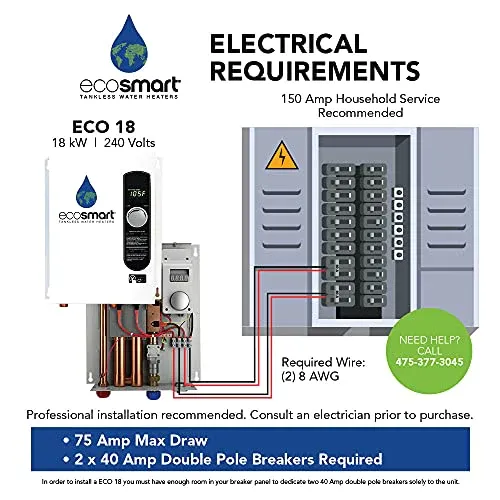 EcoSmart ECO 18 Electric Tankless Water Heater, 18 KW at 240 Volts with Patented