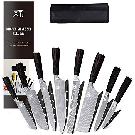 XYJ Stainless Steel Kitchen Knives Set 8 Piece Chef Knife Set with Carry Case Bag & Sheath Well Balance Ergonomic Handle