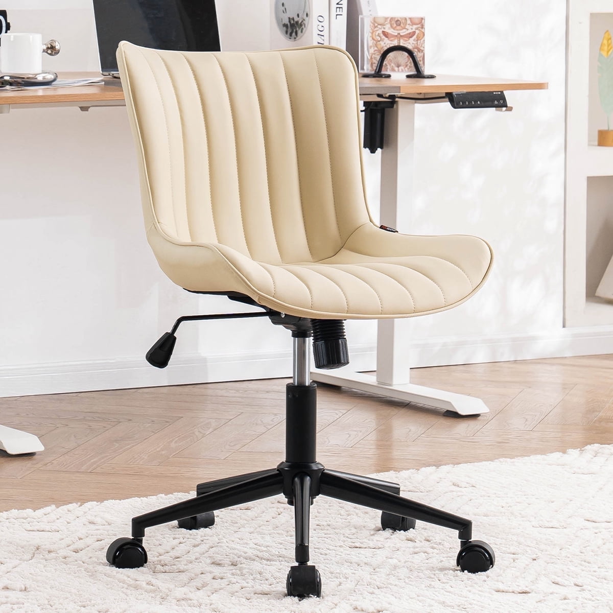 YOUNIKE Cute Armless Office Desk Chair Modern Upholstered Faux Leather Swivel Task Chair, Brown