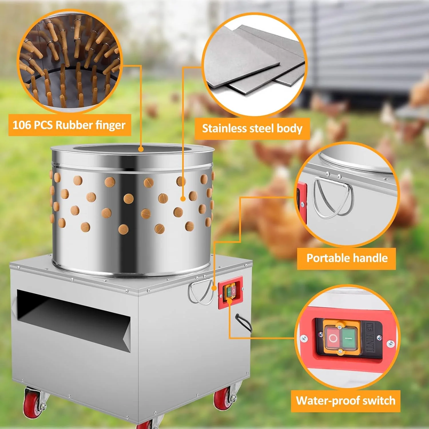 2HP 20In Stainless Steel Chicken Plucker Machine, Plucking Machine De-Feather, 110V 1500w 275r/min