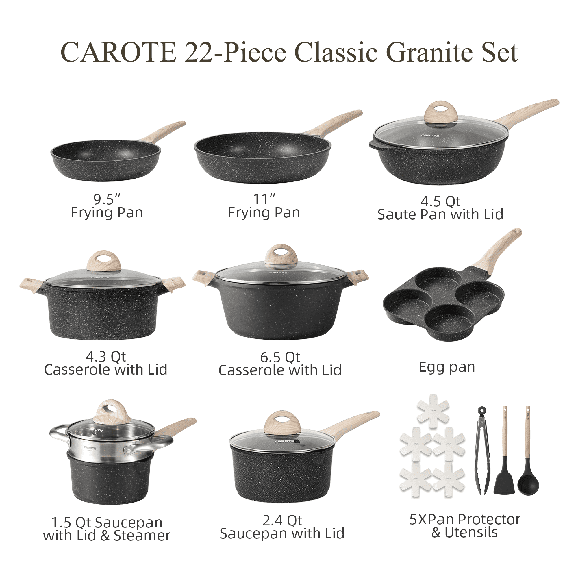 CAROTE 8 Pcs Pots and Pans Set Non Stick, Nonstick Kitchen Cookware Sets, Induction Cookware (Black)