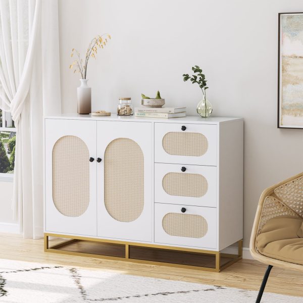 3 Drawers Accent Storage Cabinet, 34.2 H Gold Buffet Sideboard with Rattan Doors for Living Room, White