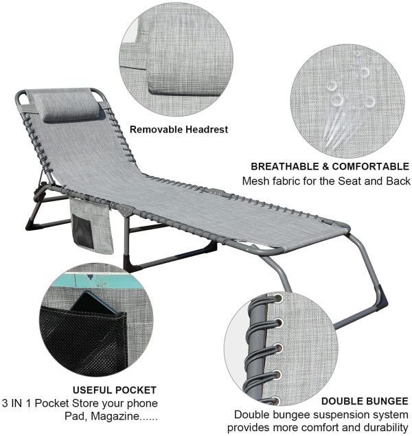 2 Pieces Outdoor Adjustable Chaise Lounge Set with Detachable Pocket,All Weather Reclining Folding Patio Lounge Chair Set for Garden,Beach, Sunbathing, Pool, Deck,Camping and Poolside-Grey