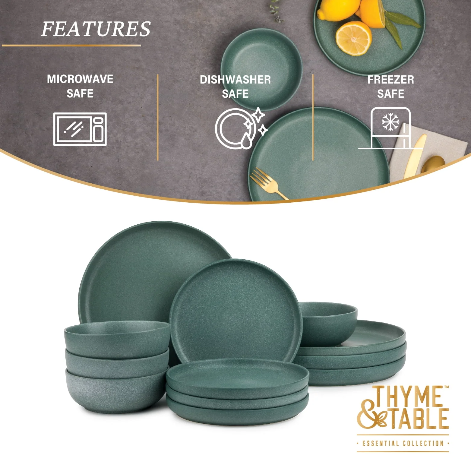 Thyme & Table 12-Piece Stoneware Dinnerware Set, Caspian Green Collection