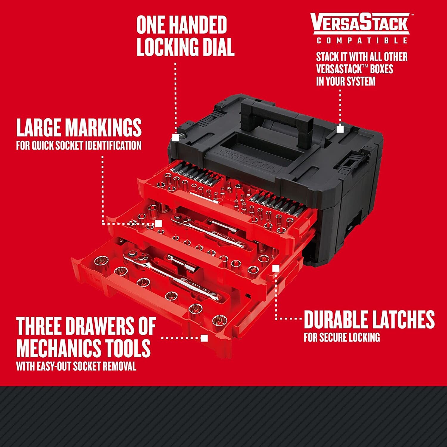 CRAFTSMAN Mechanics Tools Kit, 216-Piece with 3-Drawer Box, Chrome Finish, 72-Tooth Ratchets, 6-Point Sockets, VERSASTACK Compatible
